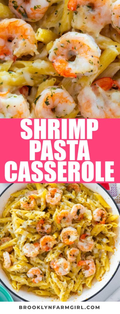 Delicious garlic shrimp pasta casserole made in less than 30 minutes! It's a one pot skillet meal that the whole family will love!
