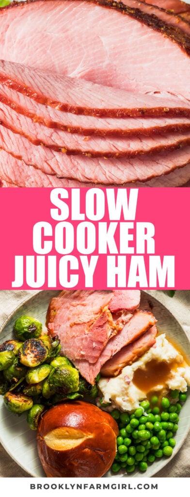 Juicy ham recipe, made in the slow cooker in 6 hours. You need ham, brown sugar and pineapple juice.   This is an easy Easter holiday ham dinner recipe!