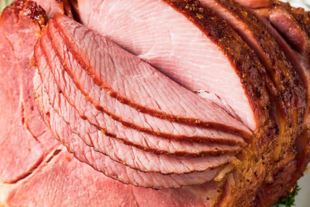 juicy ham cut into slices.
