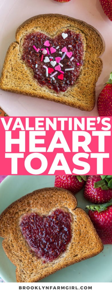 A heart is made with a cookie cutter on a slice of bread, and then toasted with jam.  The result is a cute piece of heart toast, perfect for a Valentine breakfast!