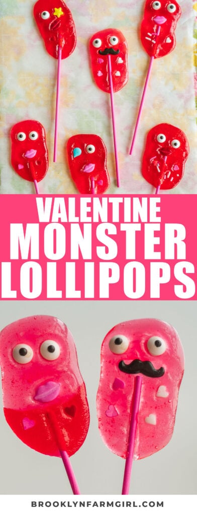 Super cute monster lollipops made with red jolly ranchers for Valentine's Day.   This is a kid-friendly recipe that they can help with!