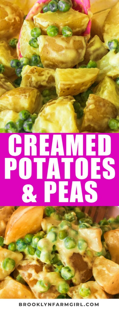 Potatoes and Peas, cooked in a simple cream sauce. New Potatoes are a classic, old-fashioned inexpensive meal that my family loves!