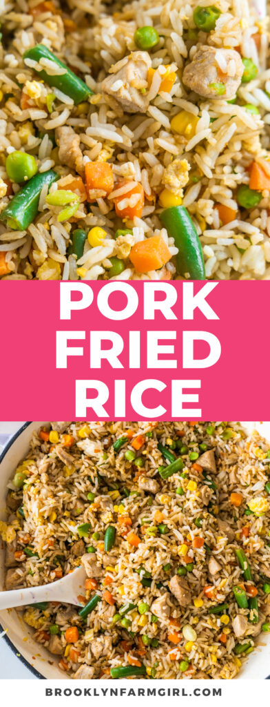 Easy pork fried rice made with cold rice, pork tenderloin,  frozen vegetables and eggs. This is such an easy meal and costs less than $7 to make. 
