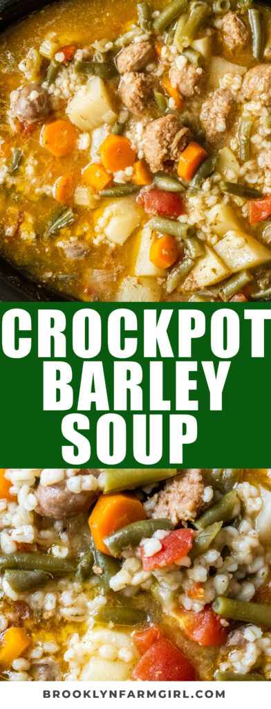 Slow Cooker Sausage and Barley Soup is an easy crockpot recipe ready in 6 hours!  Made with Sweet Italian Sausage, vegetables, pearl barley in a seasoned chicken broth, this makes a comforting bowl of soup!