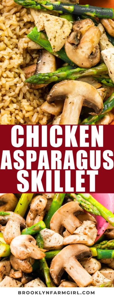 Quick 30 minute Chicken, Asparagus and Mushroom Skillet recipe, all made in one pan.  Chicken and asparagus are cooked in a tasty butter sauce.  Serve over rice for a healthy dinner meal.