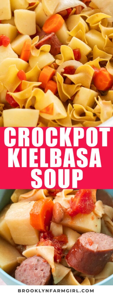 Hearty crockpot kielbasa soup made with potatoes, carrots, pinto beans and diced tomatoes. Egg noodles are cooked directly in the crockpot alongside kielbasa to make a simple meal. In 8 hours you’ll have an easy kielbasa dinner ready for you!