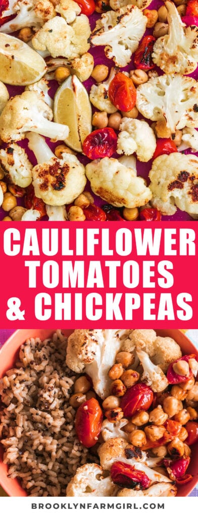 Easy to make Sheet Pan Cauliflower,  Chickpeas and Tomatoes recipe. The veggies are drizzled with olive oil and garlic and then roasted in the oven with lime wedges. Serve this meatless meal over rice, barley or pasta for a simple 25-minute dinner.