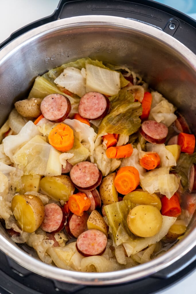 cabbage, kielbasa, vegetables cooked in instant pot.