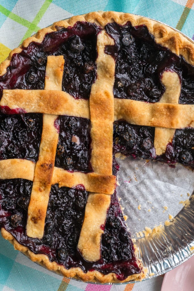 blueberry pie missing one piece.