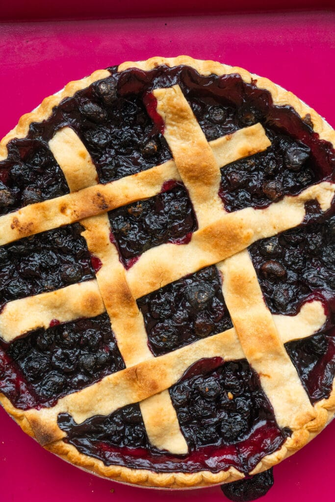 closeup fo baked blueberry pie.