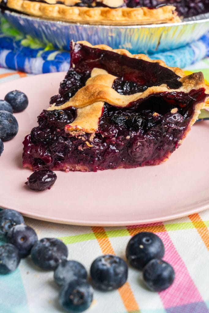 slice of blueberry pie on pink plate.