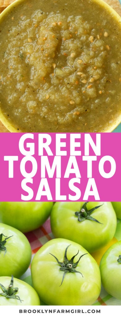 SO GOOD green tomato salsa using green tomatoes. This simple green salsa is a gardeners dream. You will love the tangy fresh taste of the tomatoes, lime juice and cilantro. Serve with tortilla chips, or on top of enchiladas, nachos or a topping for grilled chicken.