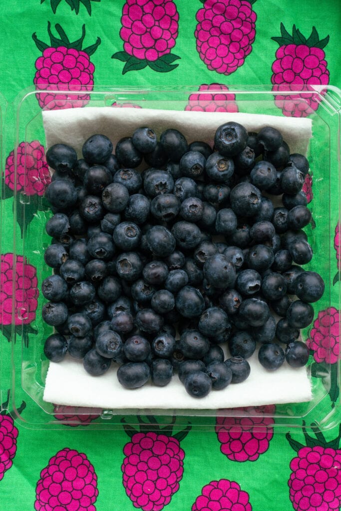 blueberries on paper towel in container.