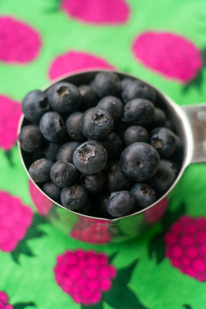 blueberries in measuring cup.