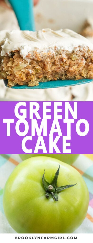 Green tomato cake with cream cheese frosting uses 4 cups of unripe green tomatoes baked into it.   Despite its unconventional use of tomatoes, it tastes like a moist coffee cake!  It's a perfect treat for anyone who wants to use up their garden green tomatoes!