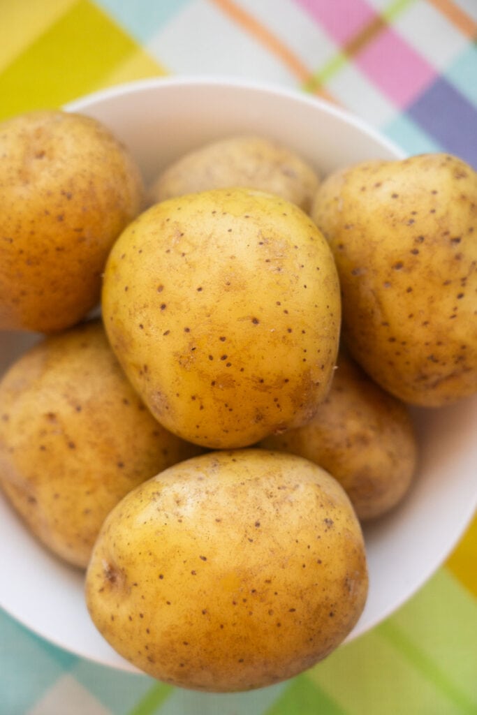 yukon gold potatoes in bowl. 