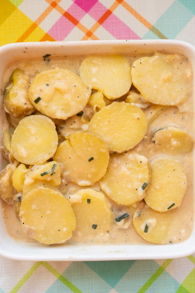 potatoes in baking dish.