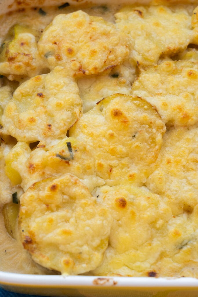 closeup of cheesy potatoes.