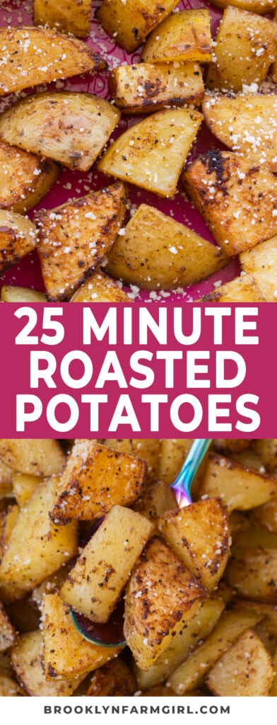 Roasted potatoes are a simple family side dish. Buttery Yukon gold potatoes are coated in olive oil, seasoned with garlic powder, salt, pepper and chili powder and then baked in the oven for 25 minutes. 