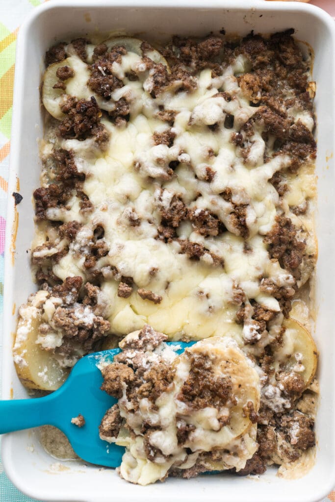 baking dish filled with ground beef potato casserole. 