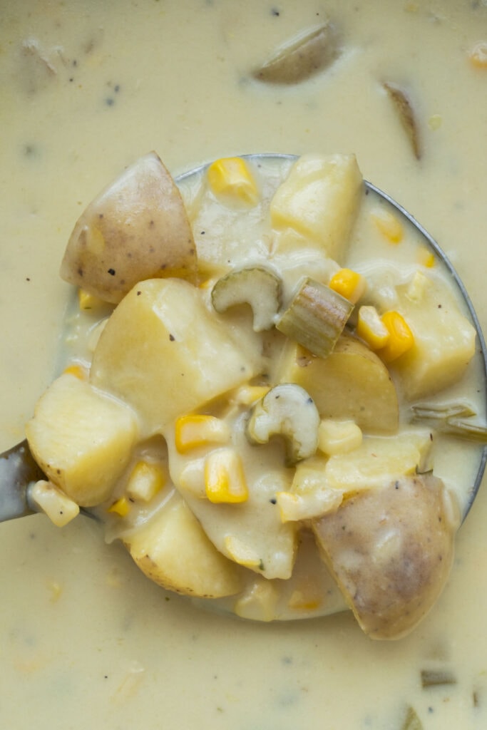large spoon lifting out potato soup out of pot.