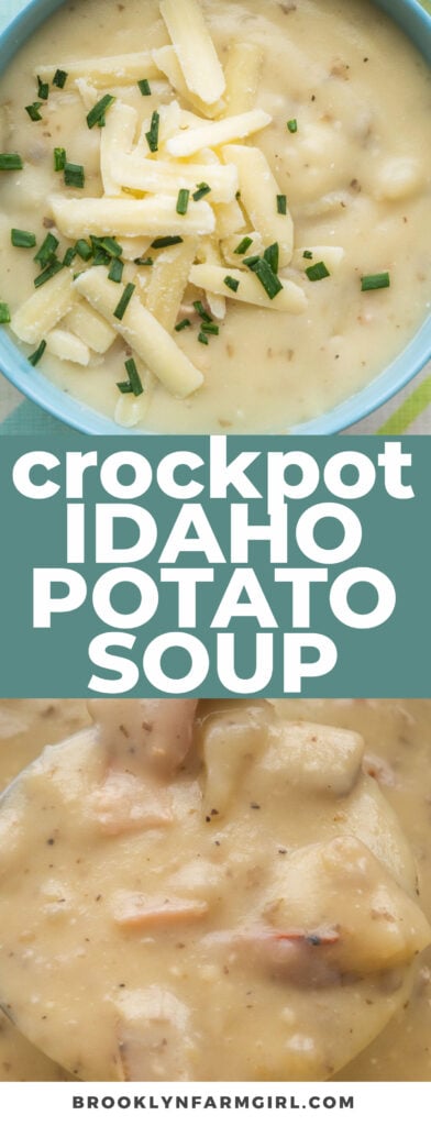 Follow this recipe to make creamy Idaho Potato Soup in the crockpot!  Potatoes are cooked for 5 hours, and then bacon, sour cream and shredded cheese is added in to make it super creamy!