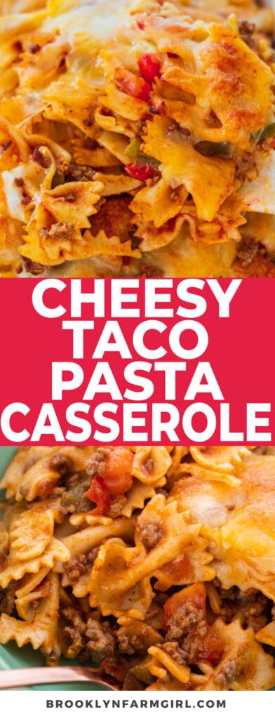 This extra-easy cheesy taco dinner casserole is ready to serve in just 45 minutes! It combines cooked ground beef, pasta noodles, taco seasoning and a can of tomato soup with shredded taco-blend cheese. Bake in the oven until brown-edged and bubbling! It’s a simple casserole dish and a family favorite.