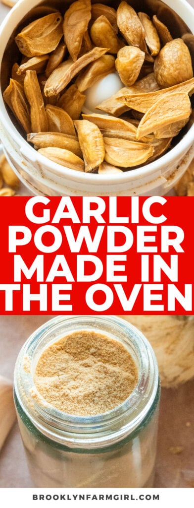 Make homemade garlic powder by slicing garlic cloves thinly and baking them in the oven until they're crisp. Grind the garlic slices into a smooth powder using a coffee or spice grinder. You will love this DIY garlic powder recipe which you will agree tastes so much better than store-bought!