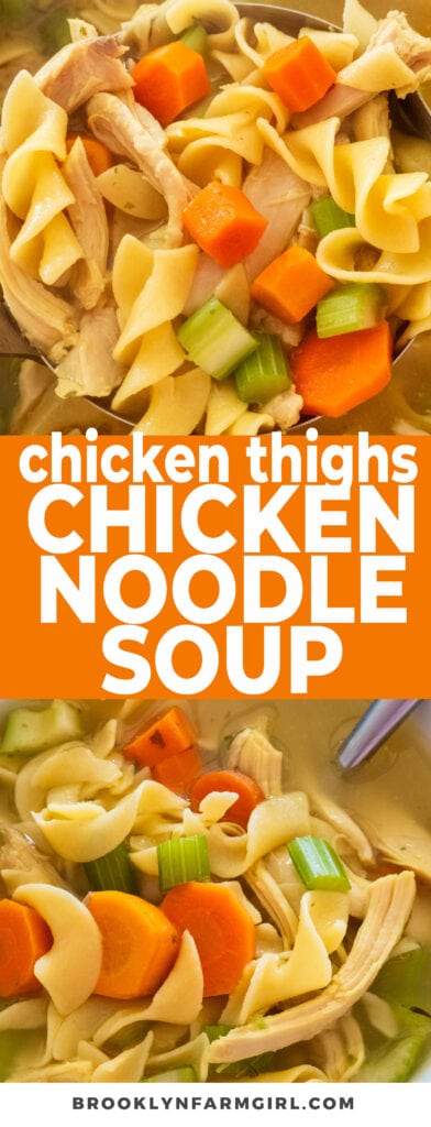 The best homemade chicken noodle soup made with chicken thighs.  Filled with broth, healthy veggies and egg noodles, this soup will make you feel warm and cozy on chilly nights and sick days!
