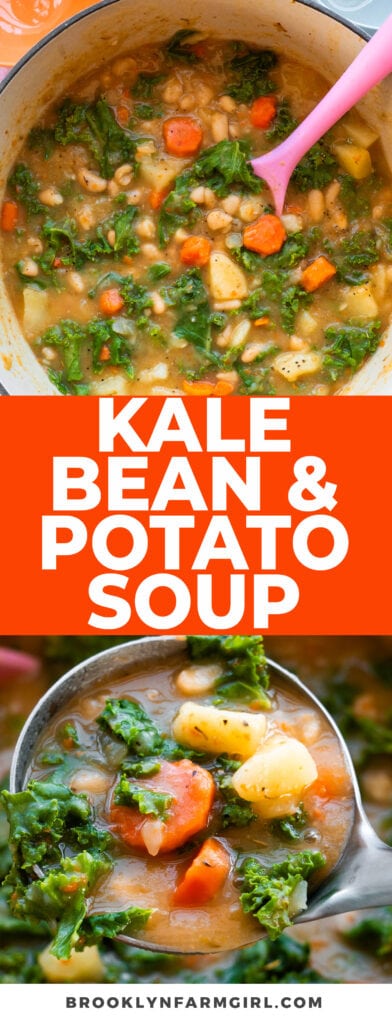 Creamy, hearty and filled with wholesome ingredients, our Kale Bean and Potato Soup is the perfect comfort food for chilly evenings. This kale soup brings together fresh kale, creamy potatoes, and protein packed white beans in a homemade soup the whole family will love! We always serve with fluffy dinner rolls!