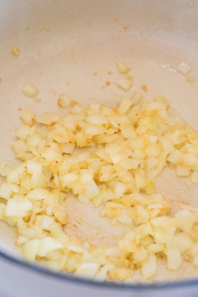 chopped onion and garlic in a pot.