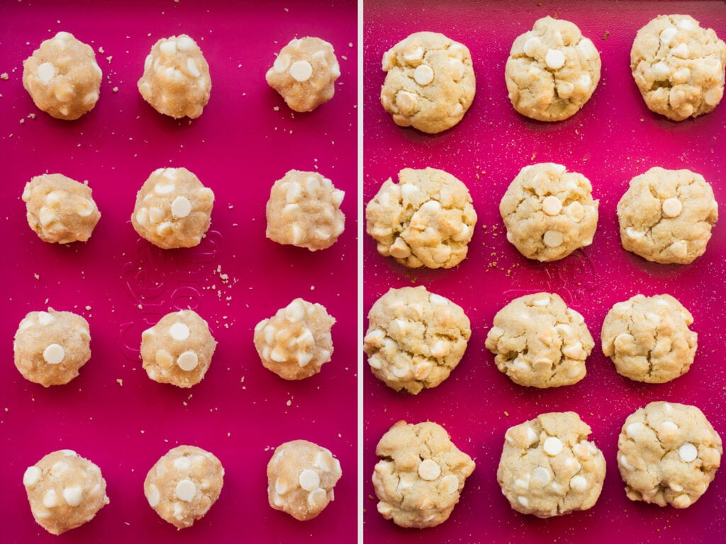 cookies on baking sheet  before and after being baked
