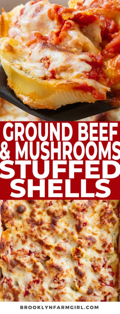 Cheesy Stuffed Shells with Ground Beef and Mushrooms recipe that my family always devours!  These hearty stuffed shells use chopped mushrooms instead of doubling the ground beef to sneak in extra nutrition and make them cheaper.   Ricotta and mozzarella are added into each shell to give them the classic homemade stuffed shells taste you love!