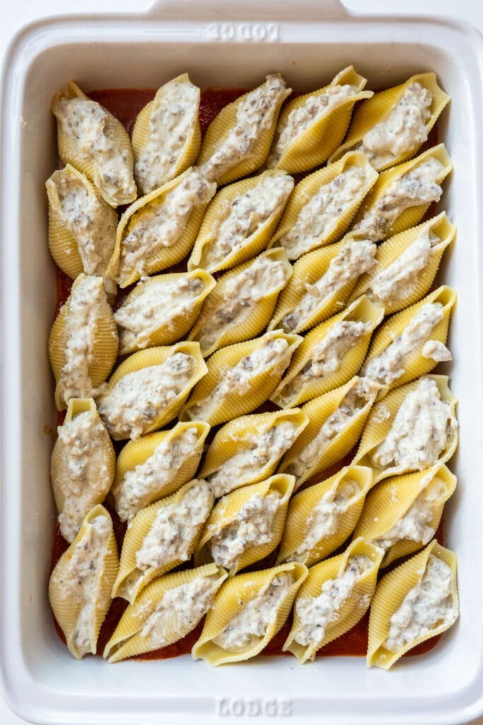 baking dish filled with stuffed shells.