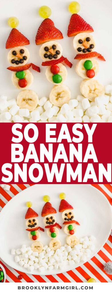 Banana Snowman is a cute Christmas snack or breakfast for kids! Bananas have grape hats, strawberry scarves and chocolate chip eyes! Kids can even help you make them for some holiday fun!