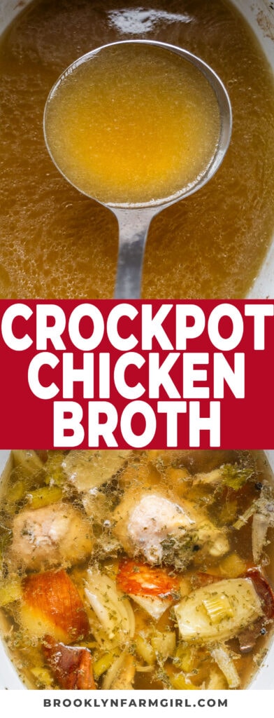 Golden yellow chicken broth, made with dark meat in the crockpot in 4 hours on HIGH or 10 hours overnight on LOW.   I provide help with freezing and storing broth, as well as bagging the chicken to use for future soup and casserole recipes!