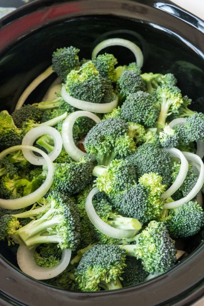 broccoli and onions in slow cooker.
