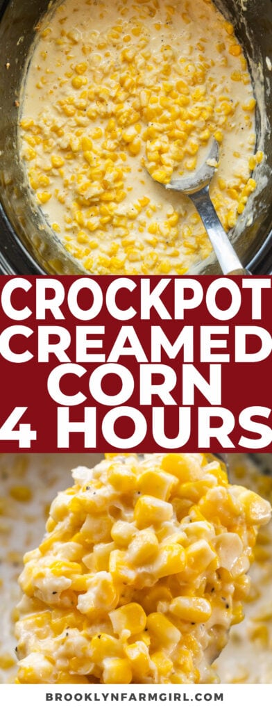 4 hour crockpot creamed corn made with frozen corn and cream cheese.  This makes a thick sweet creamed corn that is the ultimate comfort food side dish! You can cook it on HIGH to make it even faster.