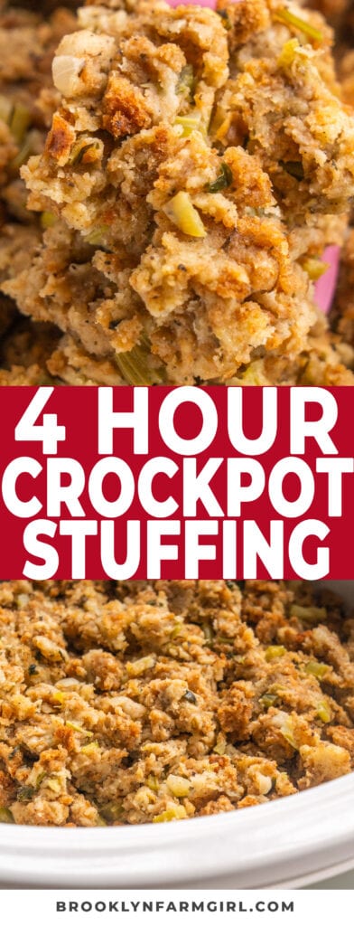 4 hour crockpot stuffing that is so fluffy and moist! This homemade stuffing will make you the most popular person at family dinner and potlucks.  Leftovers freeze great so make sure to check out my instructions for that! 