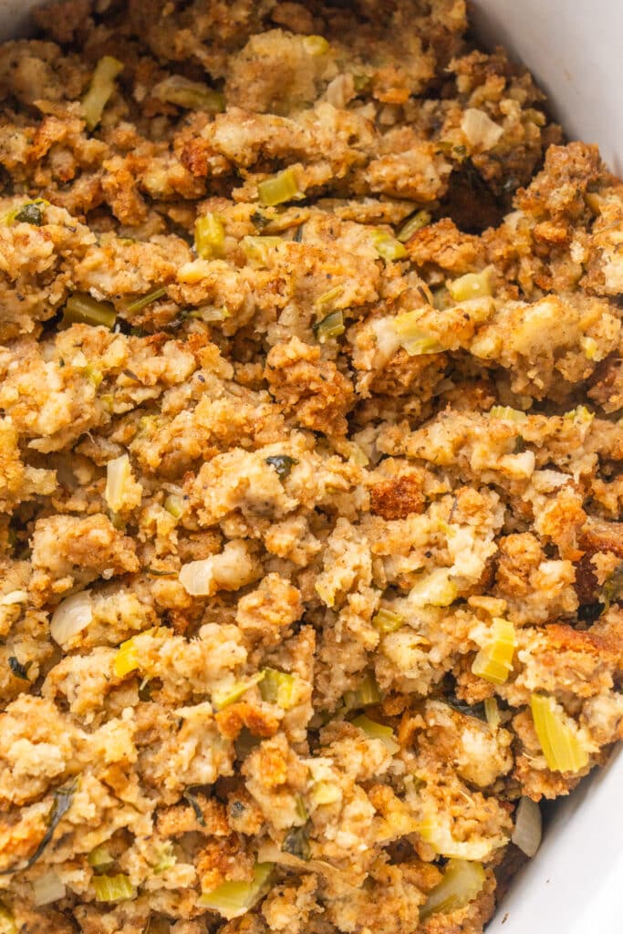 cooked crispy fluffy stuffing in slow cooker.