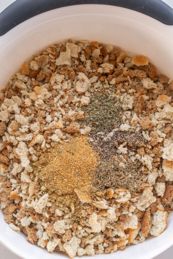 stuffing cubes and spices in large mixing bowl. 