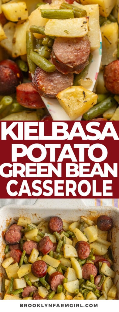 Hearty Kielbasa Potato and Green Bean Casserole cooked in the oven in a 9x13 baking dish for 50 minutes.  No prep work needed - just add sausage and vegetables to the casserole dish and bake!