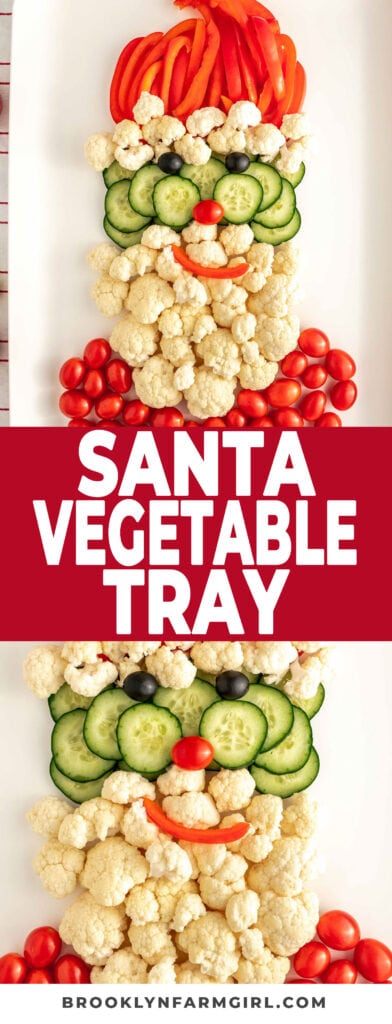 Make this healthy Santa vegetable platter with cauliflower, bell peppers, cucumber, cherry tomatoes and black olives for Christmas! It only takes 10 minutes to put together, perfect for a busy holiday week!