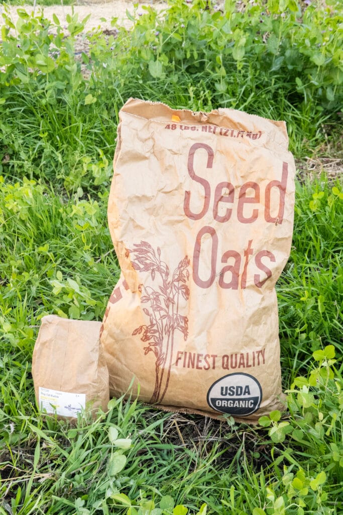bag of cover crop seeds in garden.