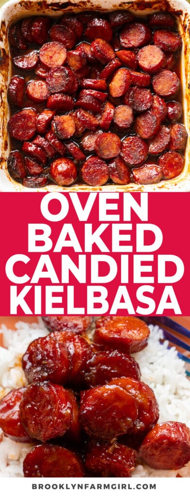 Oven baked Candied Kielbasa recipe made with brown sugar and ketchup that your family is going to love! This recipe is so easy and deliciously sweet!  Serve candied kielbasa over rice or noodles for a full meal or as a appetizer for a potluck or game day.