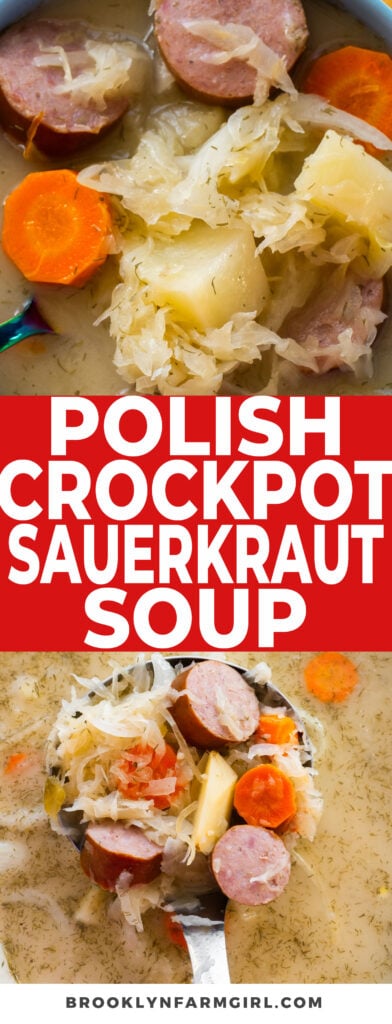Polish Sauerkraut Soup made in the crockpot in 5 hours.  This is a creamy, chunky sausage and sauerkraut soup with potatoes that my family loves on chilly evenings!