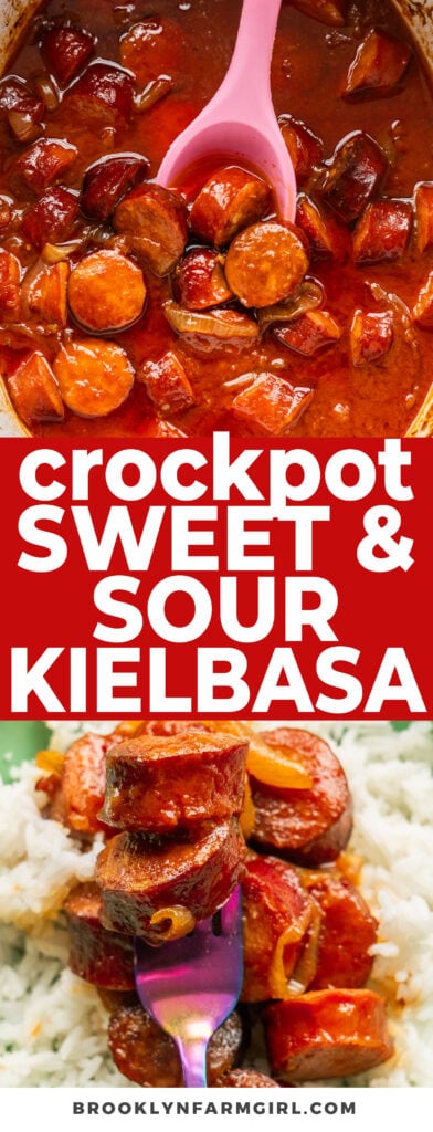 4 Hour Crockpot Sweet and Sour Kielbasa.  The kielbasa is covered in a sweet and sour sauce made from ketchup, brown sugar, mustard and soy sauce.    Serve over rice or egg noodles for a complete meal.