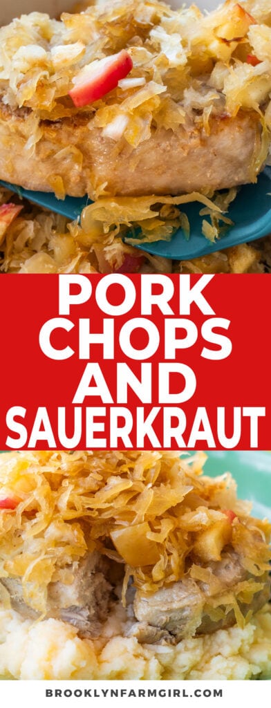 Hearty pork chops and sauerkraut baked in a 9x13 dish.  This classic German meal makes tender juicy boneless pork chops with sauerkraut, perfect for serving over mashed potatoes!  It's a easy delicious dinner the whole family is going to love!