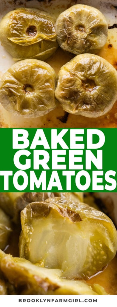 Simple baked green tomatoes.  All you do is roast them in the oven with olive oil and salt. This recipe is canning and freezing friendly, perfect for preserving an overabundance of green tomatoes.
