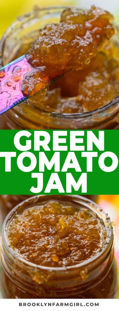 Simple green tomato jam made with unripe green tomatoes, sugar and lemon juice on the stove top.  You can either store it in the refrigerator or can it to preserve.  This makes (2) 1 pint jars of green tomato jam.